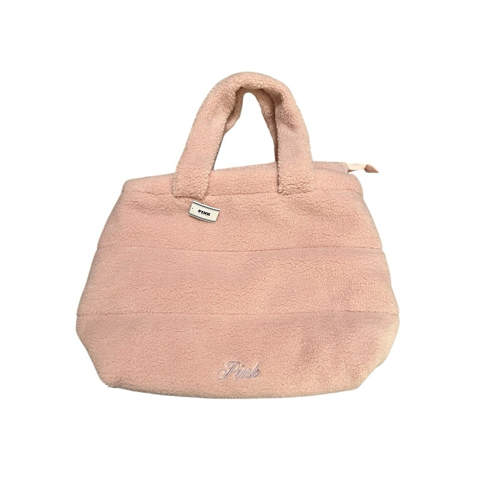 New VICTORIAS SECRET PINK BLUSH‎ SHERPA FLEECE LOGO TOTE BAG with ZIPPER